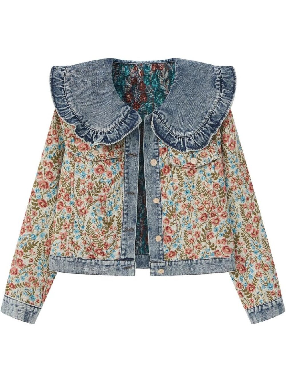 Women’s Light Blue Floral Embroidered Peter Pan Collar Cropped Denim Jean Jacket